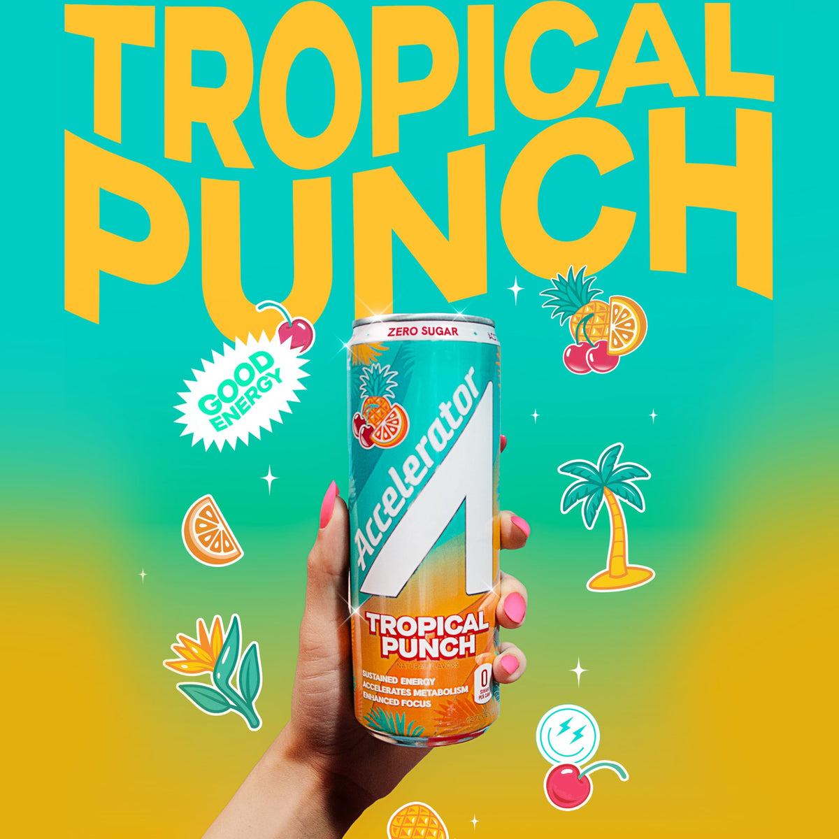 Accelerator Energy Drink Tropical Punch – Zero Sugar, 12oz Can (12 Pack) – 200mg Natural Caffeine