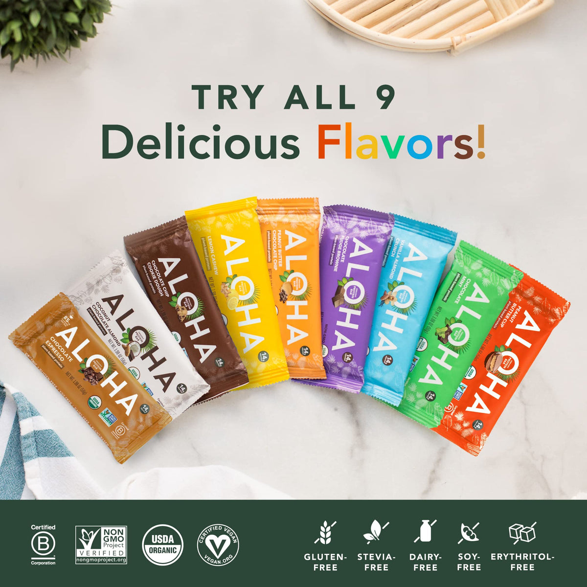 ALOHA Organic Plant-Based Protein Bars – Chocolate Chip Cookie Dough, 12-Pack (1.98 oz each)