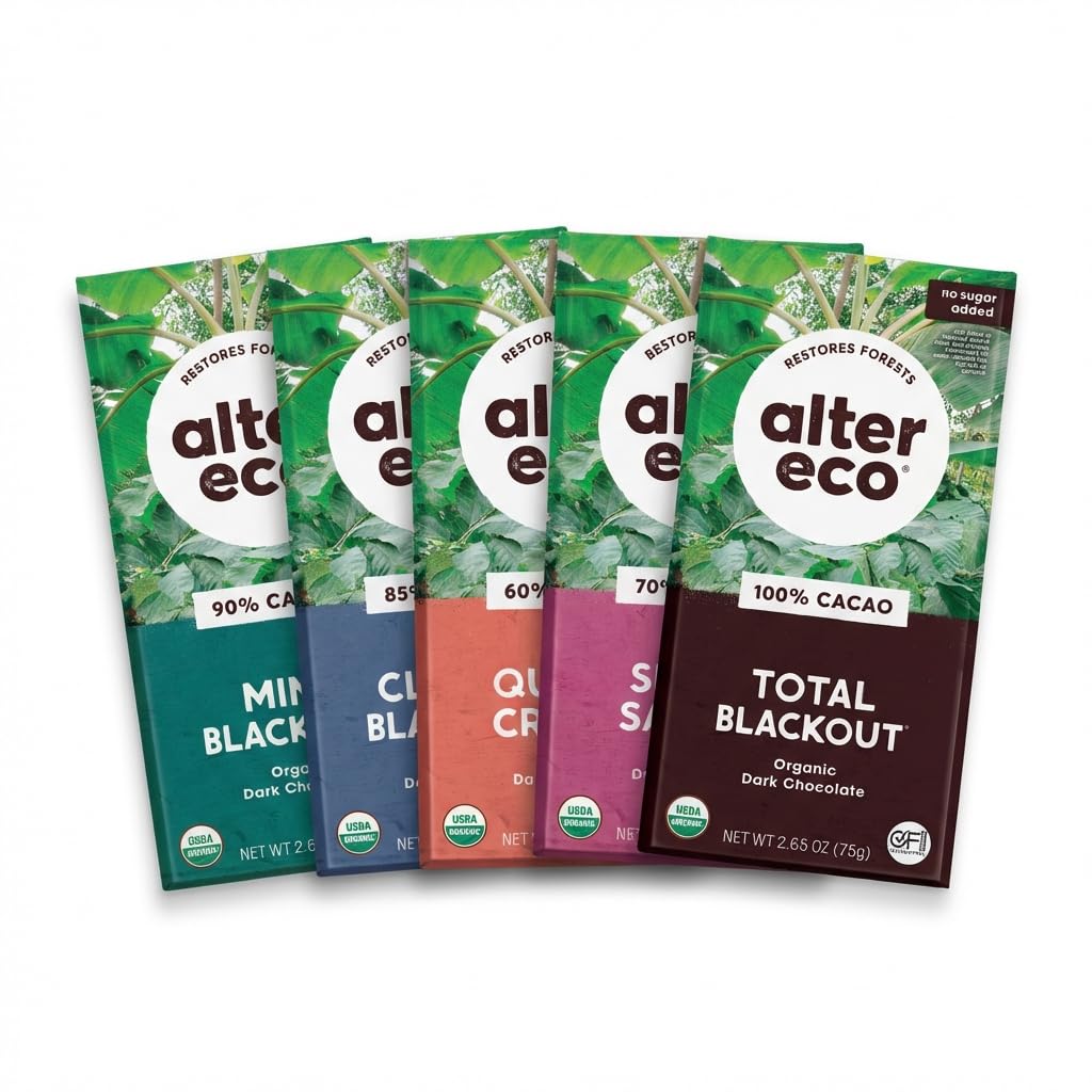 Alter Eco Dark Chocolate Variety Pack 5pk – Blackout 85%, Quinoa Crunch, Sea Salt Organic, Superdark Mint, 100% Cacao