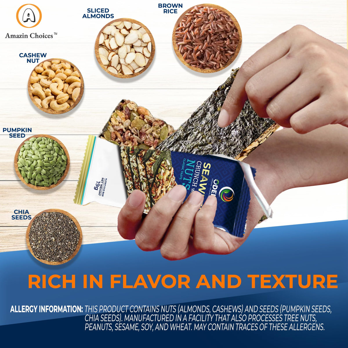 Seaweed Crunch with Nuts – Amazin Choices Vegan Snack Bars (Cashews, Almonds & Pumpkin Seeds) | Premium Asian Seaweed Chips