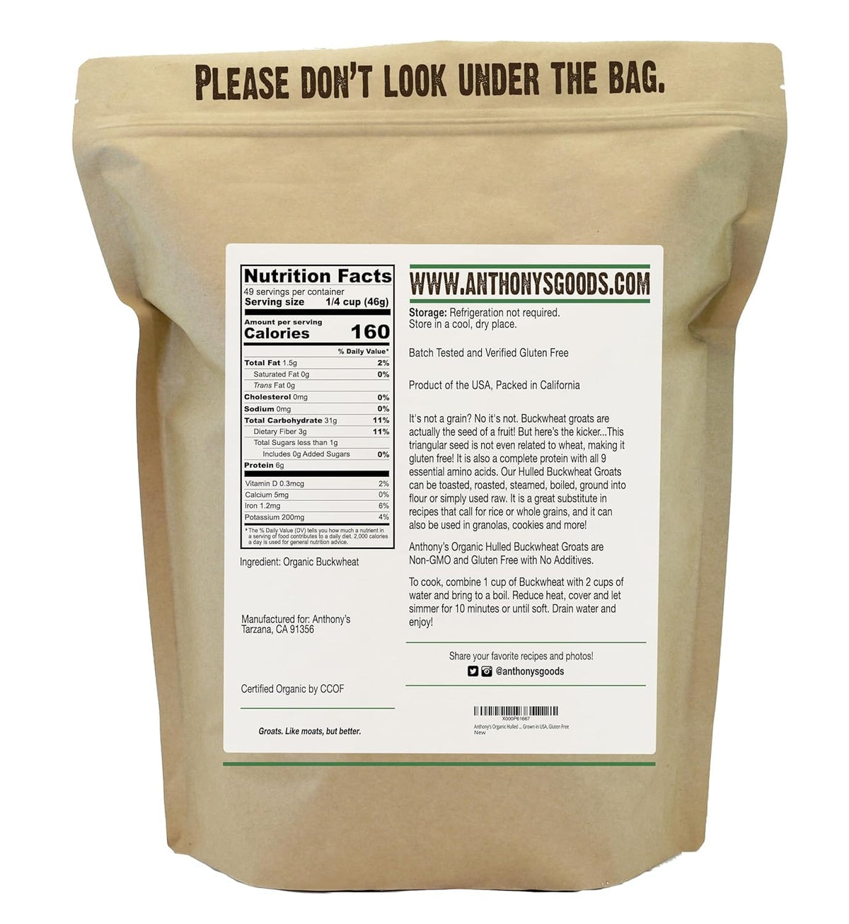 Anthony's Organic Hulled Buckwheat Groats - Gluten Free, Non-GMO, 5lb