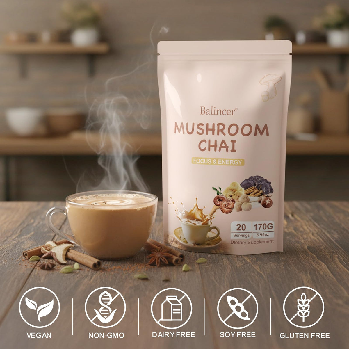 Balincer Mushroom Chai – 6 Adaptogenic Mushrooms with Ayurvedic Spices, 20 Servings