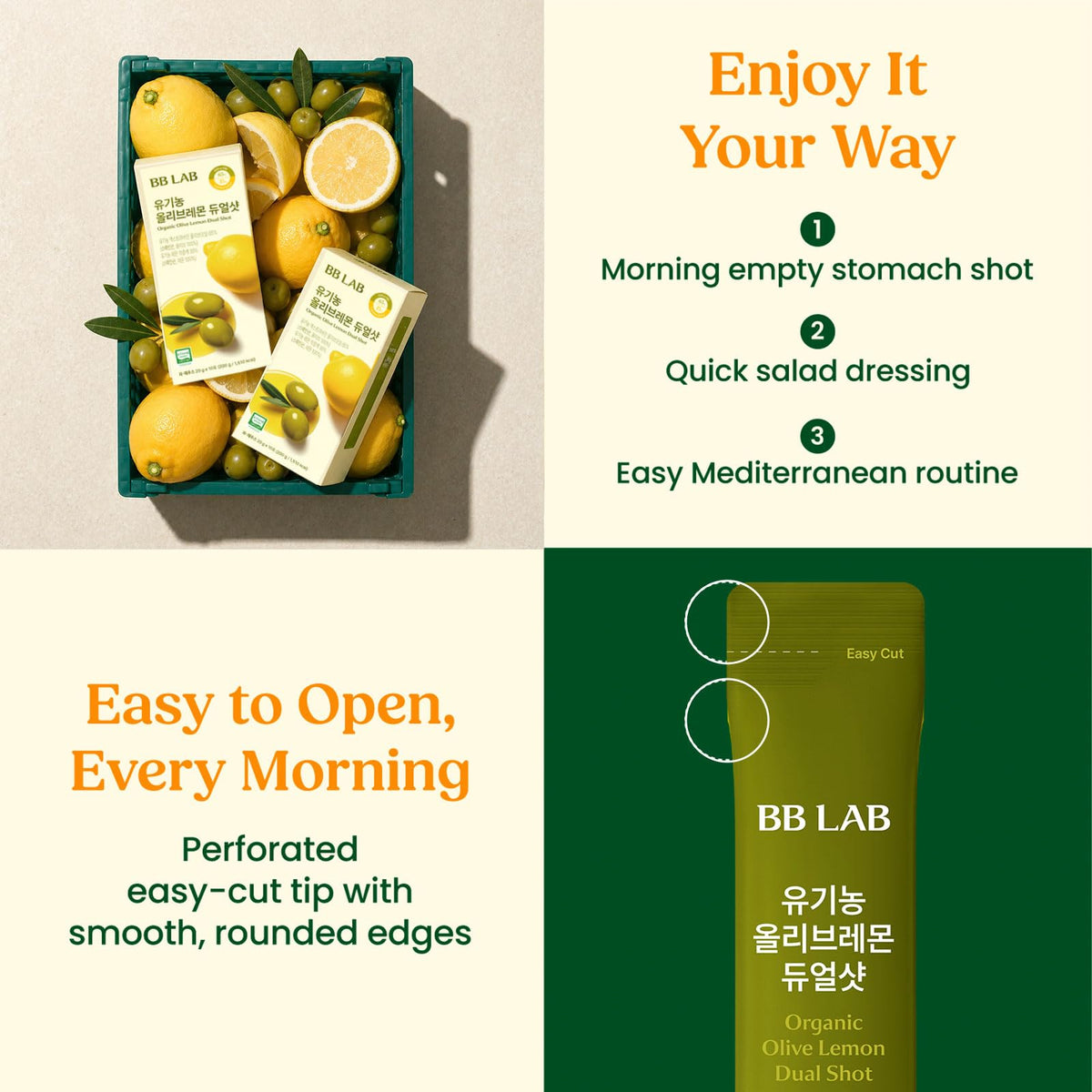 BB LAB Organic Olive Lemon Dual Shot – 65:35 EVOO & NFC Lemon Juice, Picual Olive Oil, 20g x 10 Sticks