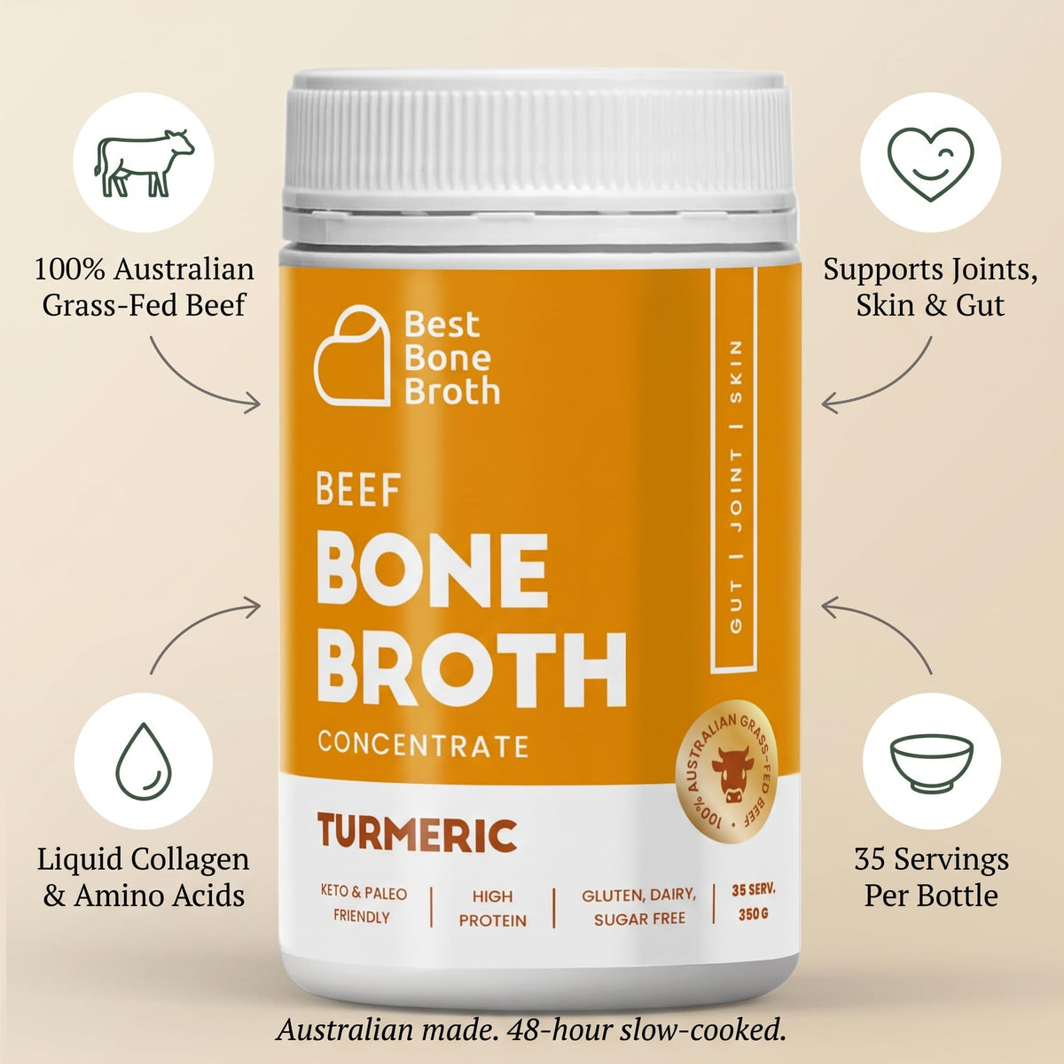 Best Bone Broth – Grass-Fed Beef Bone Broth Concentrate with Turmeric | 35 Servings