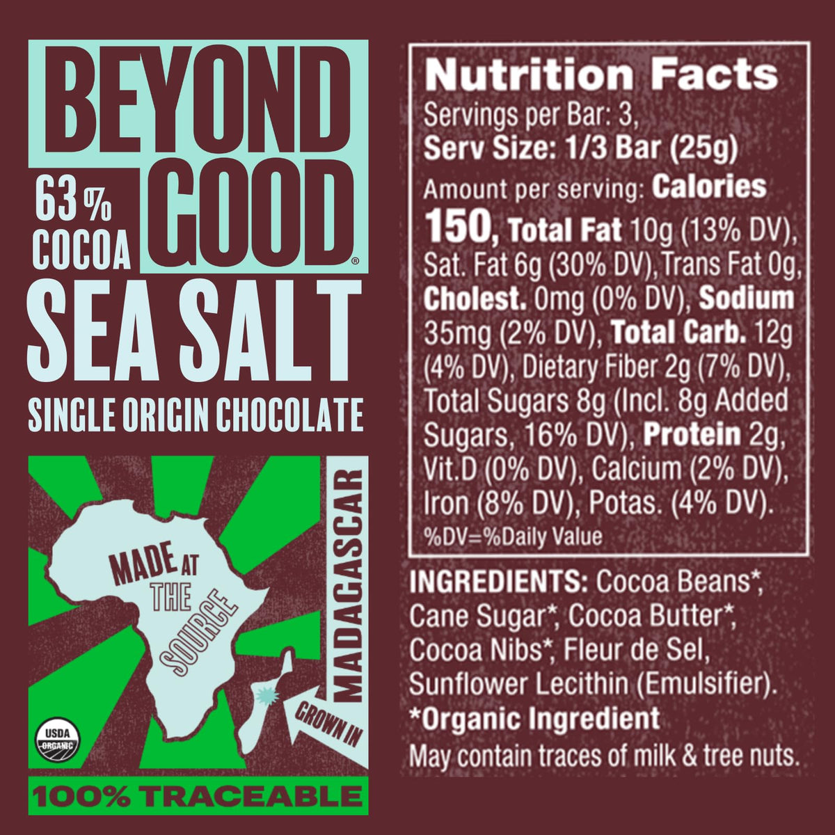 Beyond Good 63% Cocoa Dark Chocolate with Sea Salt | 6 Pack - Organic, Direct Trade, Vegan