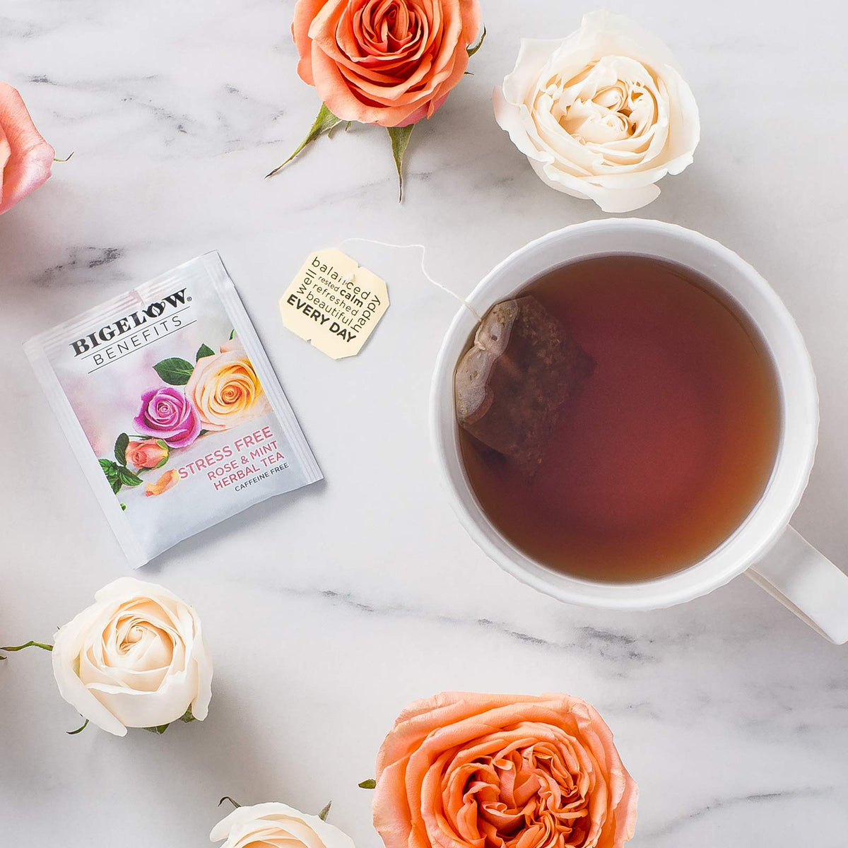 Bigelow Benefits Stress Free Rose & Mint Herbal Tea – Caffeine Free, Gluten Free, Pack of 6 (108 Total Tea Bags)