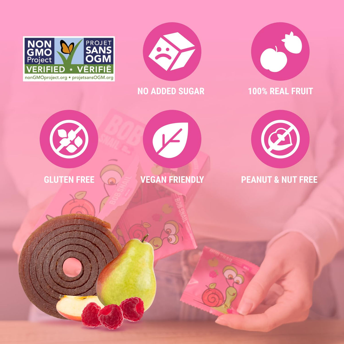 Bob Snail Fruit Roll Ups – 50 Natural Fruit Snacks (Pear & Raspberry), Vegan, 500g