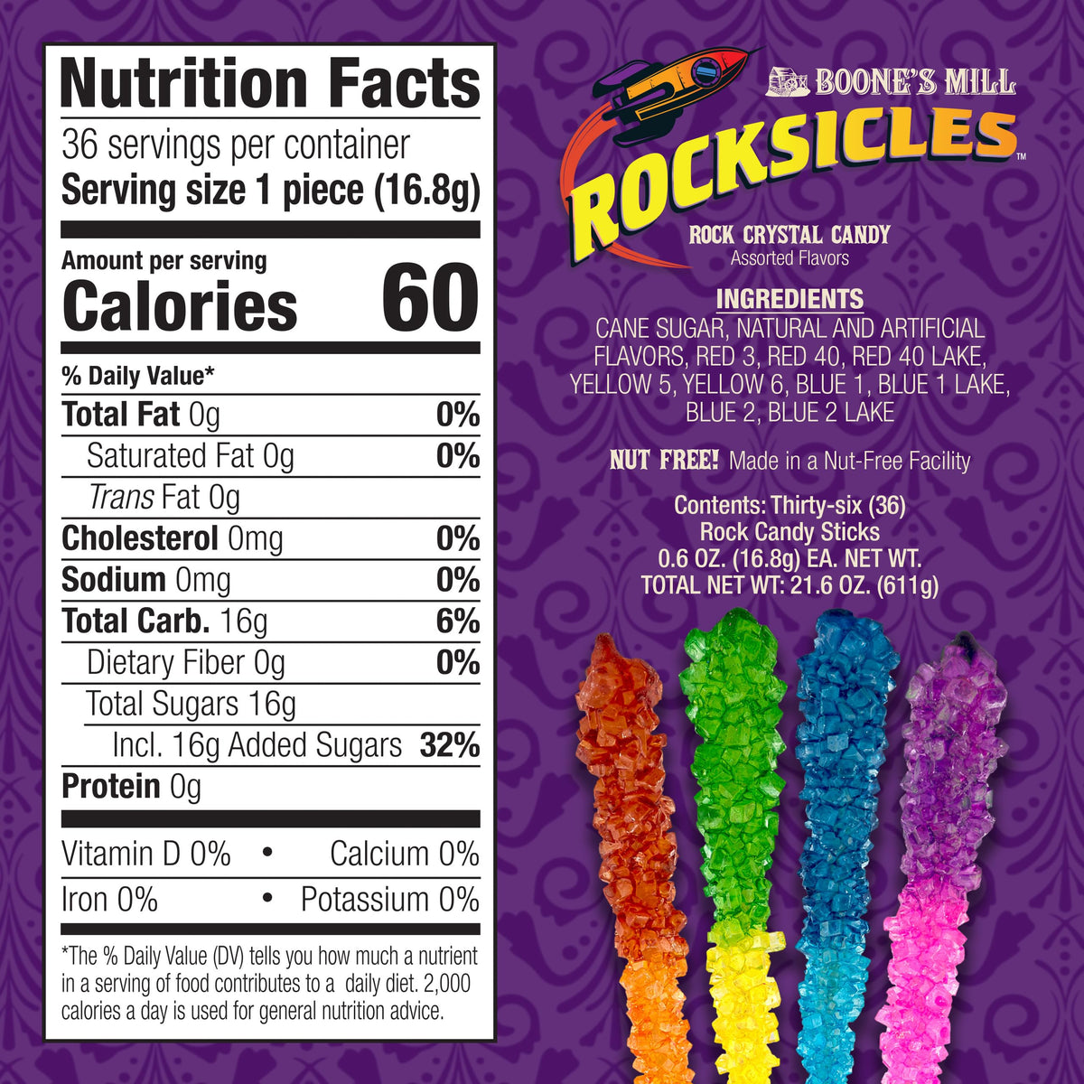 Boone's Mill Rocksicles - 36 Extra Large Rock Candy Sticks, Assorted Double Flavors