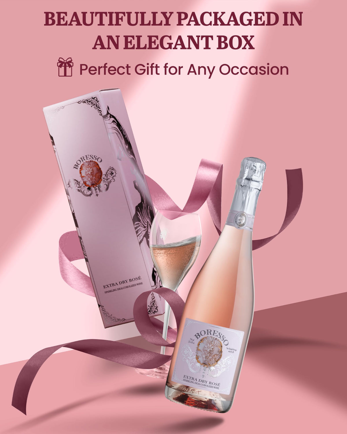 Boresso Extra Dry 0.0% ABV Non-Alcoholic Sparkling Rosé Wine – Gift Box 750ml