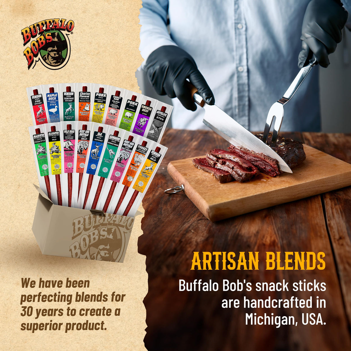 Buffalo Bob's Wild Game Meat Snacks 1oz Sticks – Exotic Variety 10-Pack