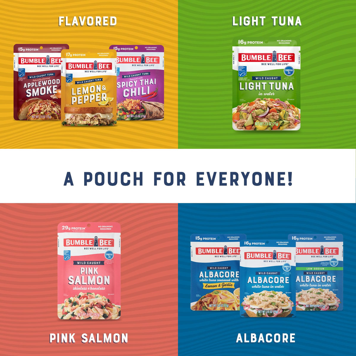 Bumble Bee Chunk Light Tuna in Water Pouches – 12 Pack, 32g Protein per Pouch, MSC Sustainable