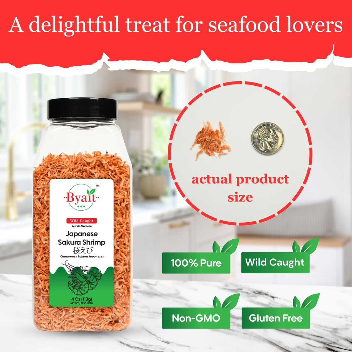 Byait Dried Japanese Sakura Shrimp 4 oz - Wild-Caught, Non-GMO, Gluten-Free