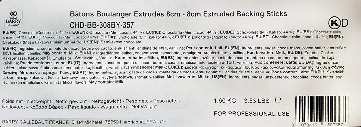 Cacao Barry Bittersweet Chocolate Baking Sticks – 44% Cacao (300x8 cm, 3.5 lb pack)
