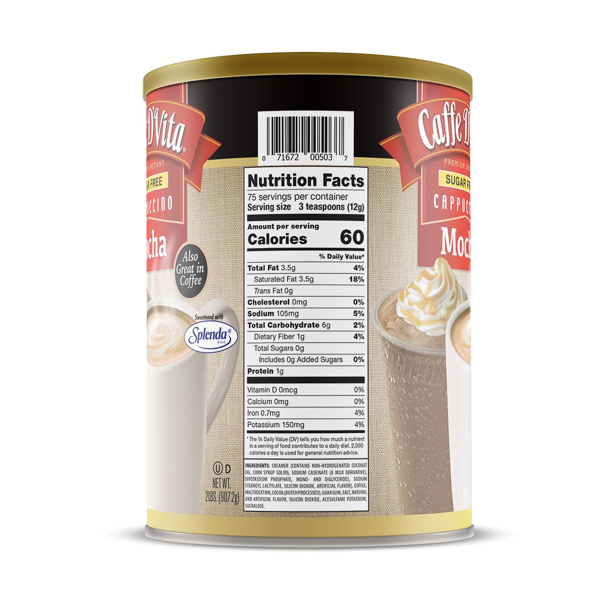 Caffe D'Vita Sugar Free Mocha Cappuccino Mix – Gluten Free, No Cholesterol, 99% Caffeine Free, 2 lb Can