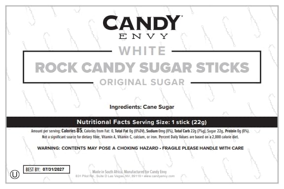Candy Envy White Rock Candy Sugar Sticks – Original Flavor, 36 Wrapped (7in, 22g each)
