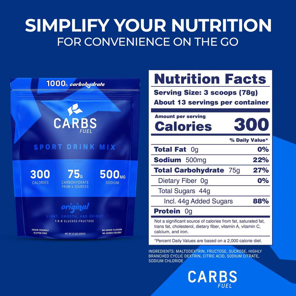 Carbs Fuel Original 1000g Sport Drink Powder – 75g Carbs, 300 Calories, 500mg Sodium per Serving