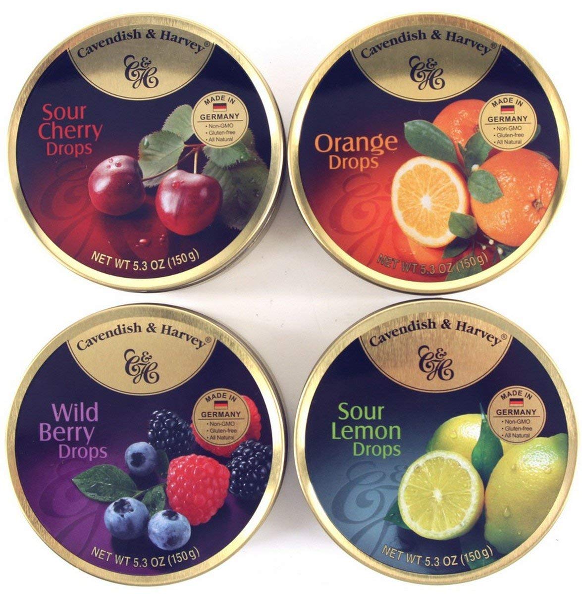 Cavendish & Harvey Variety Flavor Hard Candy Drops – Orange, Wild Berry, Sour Lemon & Sour Cherry | 4 x 5.3 oz Tins