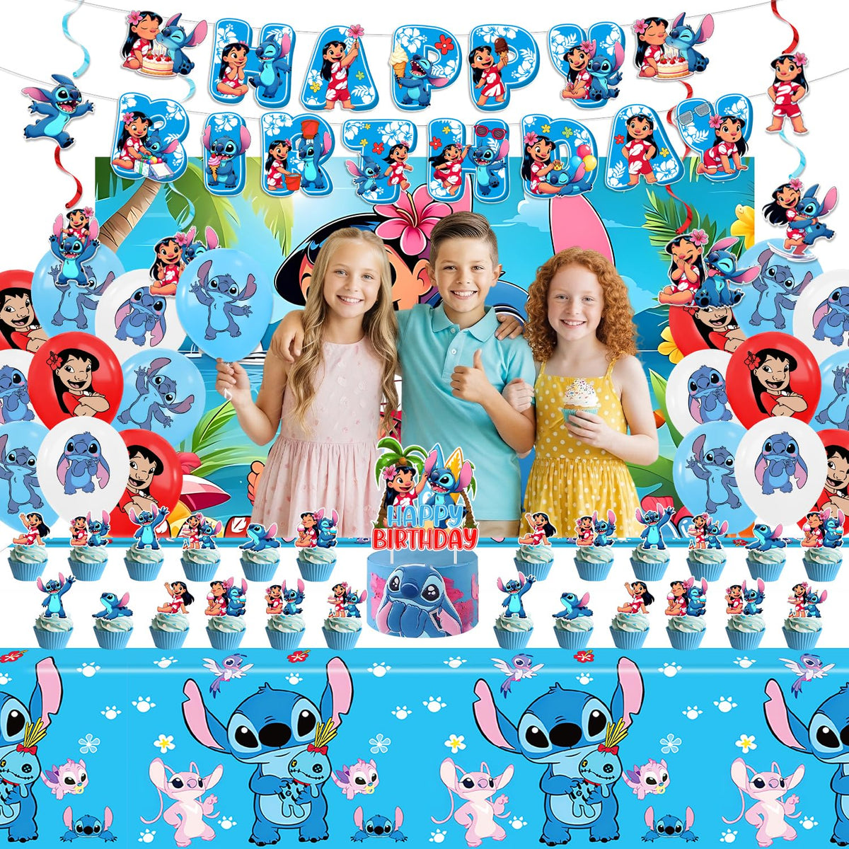 Chinovi Stitch Party Supplies - Birthday Decorations Set with Banner, Backdrop, Balloons, Swirls, Toppers & Tablecloth