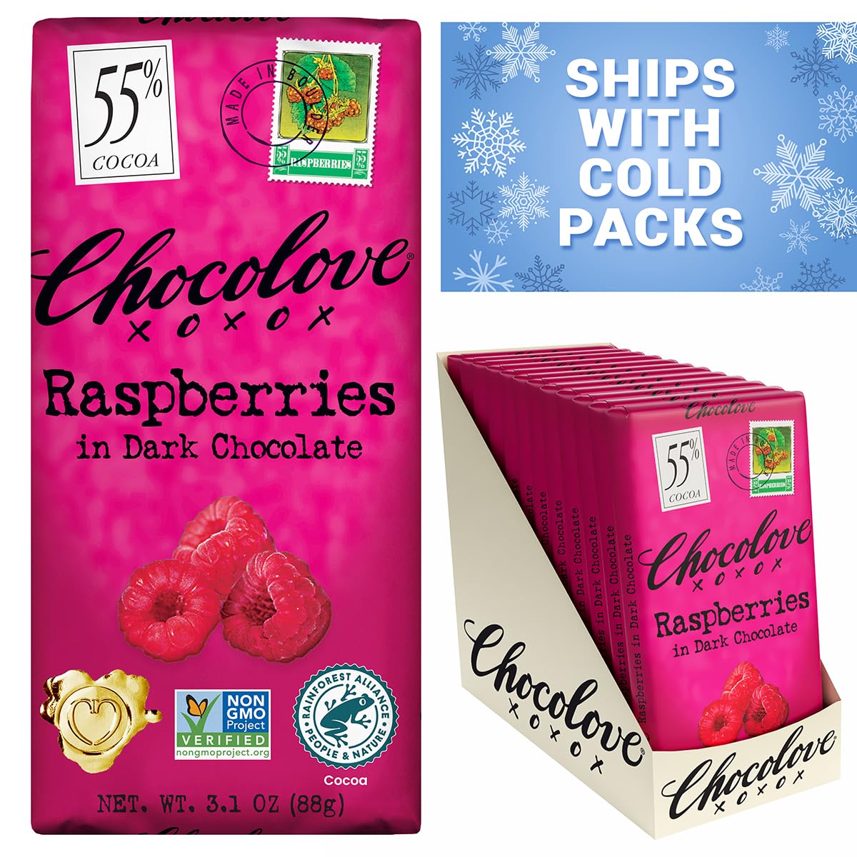 Chocolove Raspberries Dark Chocolate Bars – 55% Cocoa, 12-Pack Non-GMO