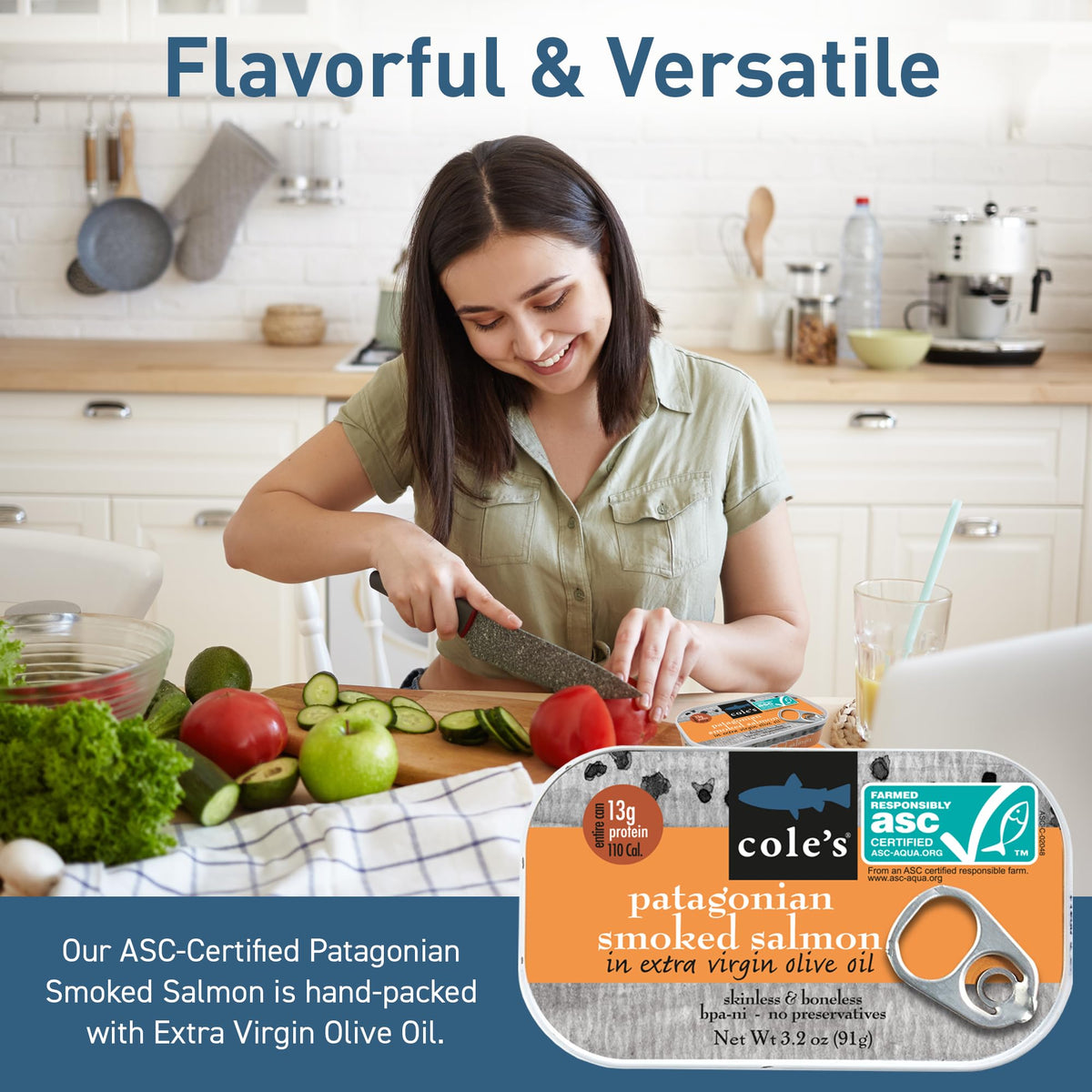 Cole's Seafood – Hand Packed Smoked Salmon in Extra Virgin Olive Oil, Preservative Free, 3.2 oz Can (Pack of 10)