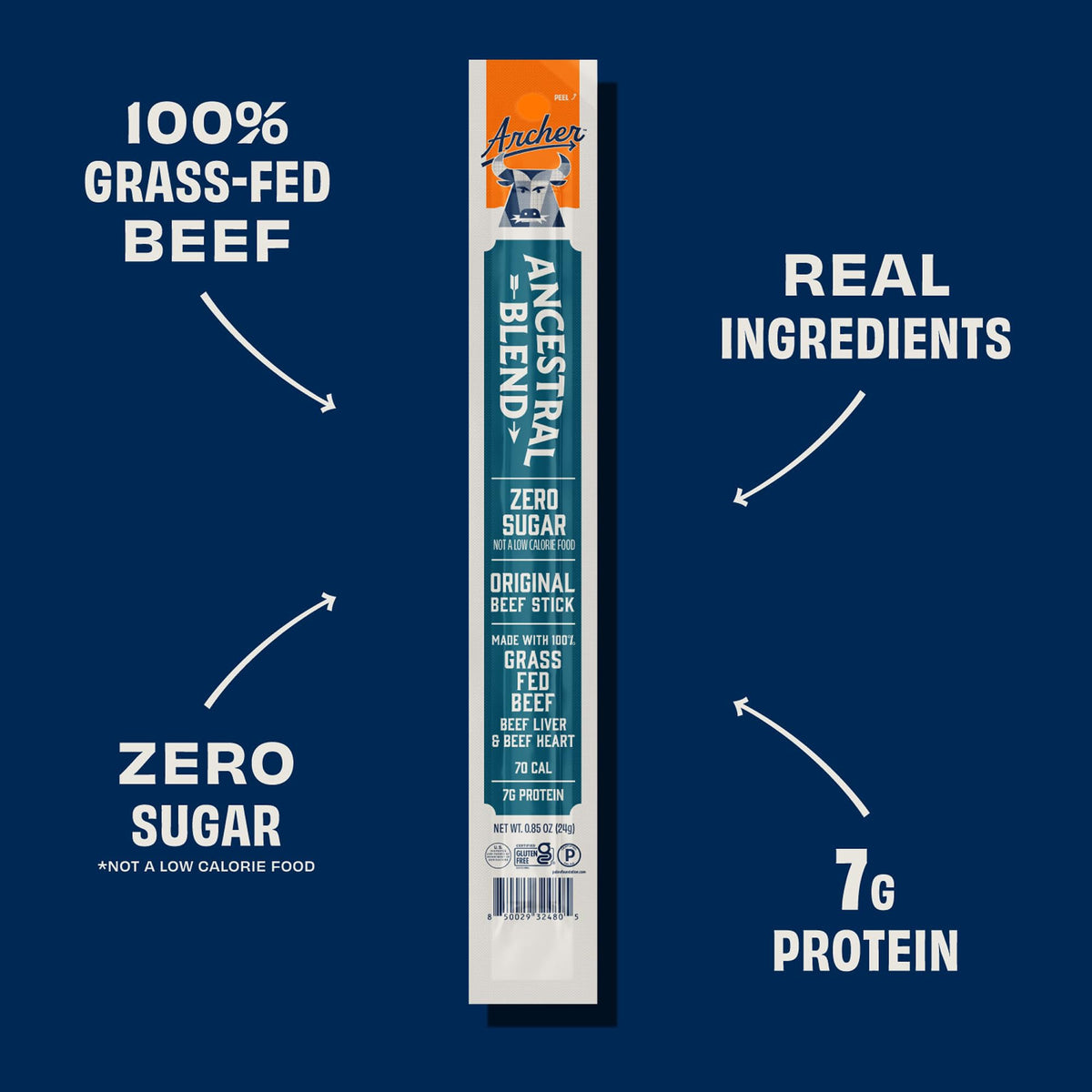 Country Archer Ancestral Beef Jerky Sticks – Grass-Fed, Sugar Free, Gluten Free, Paleo & Keto, 7g Protein Each (1 oz Pack of 18)