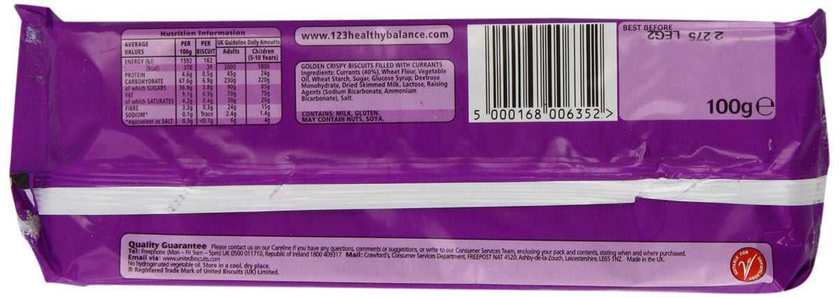 Crawfords Garibaldi Biscuits 100g Pack of 12 | Crisp Currant Wafers