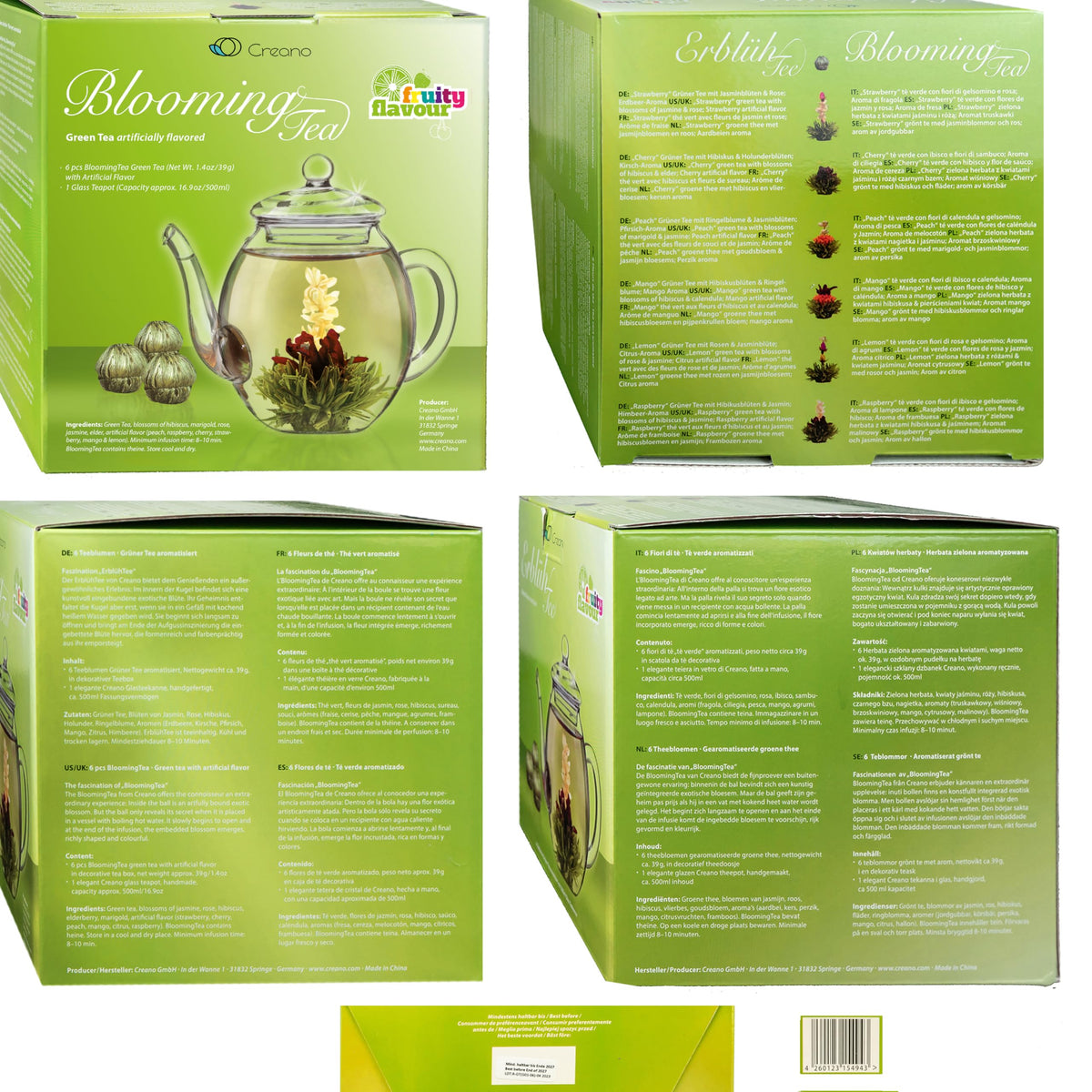 Creano Blooming Tea Gift Set with Glass Teapot 17oz (500ml) – 6 Fruity Green Tea Flowers – Easter Gift