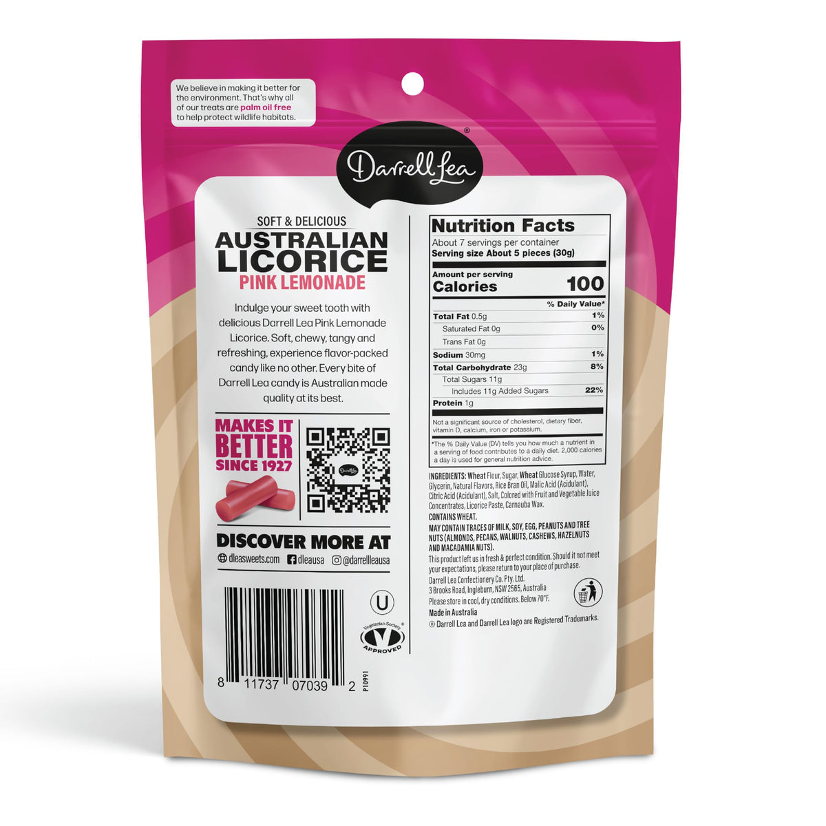 Darrell Lea Pink Lemonade Licorice – Soft Australian Licorice, Plant-Based, Non-GMO, Palm Oil Free (Pack of 8, 7 oz each)