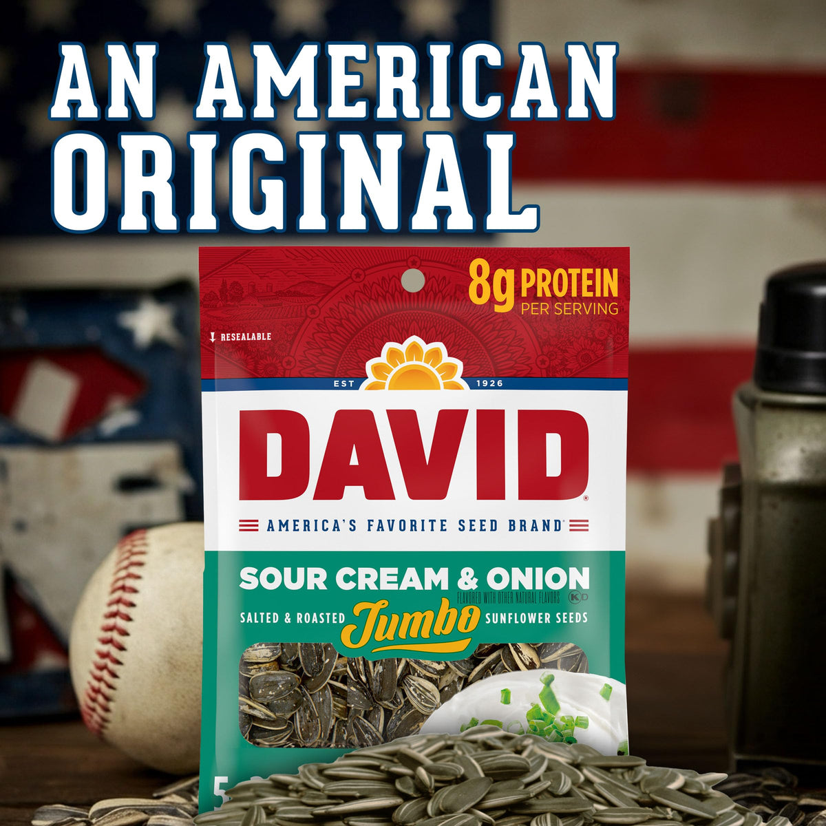 DAVID Seeds Sour Cream and Onion Jumbo Sunflower Seeds – Keto Friendly, 5.25 oz Resealable Pack (Pack of 12)