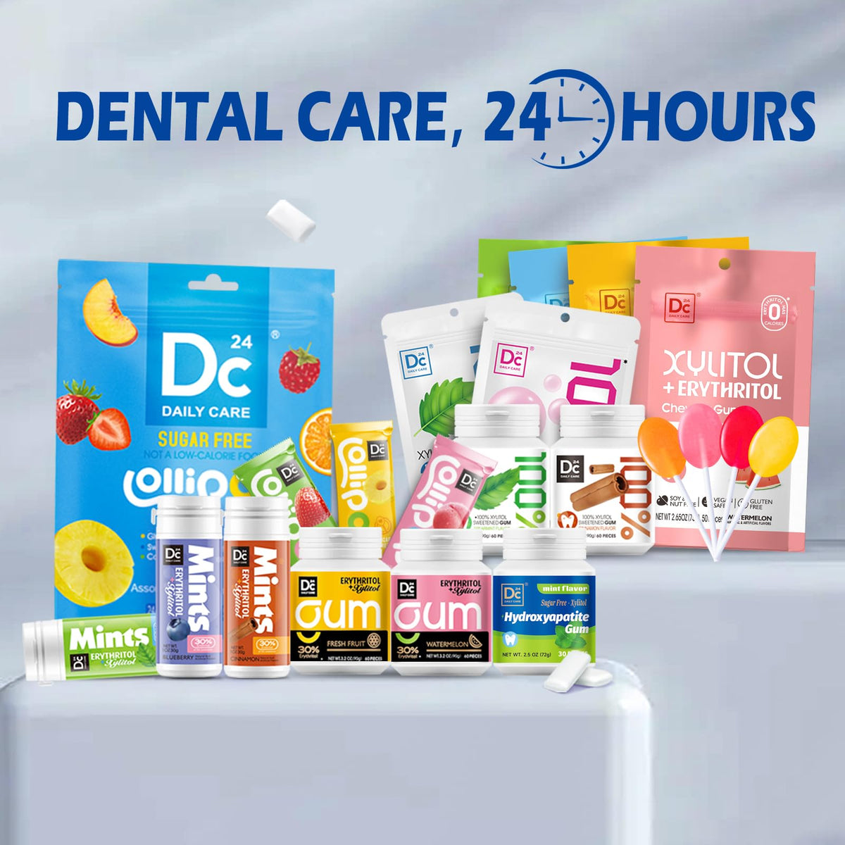 DC24 DAILY CARE Remineralizing Gum with Hydroxyapatite & Xylitol – Sugar Free, No Aspartame/Sucralose, Peppermint