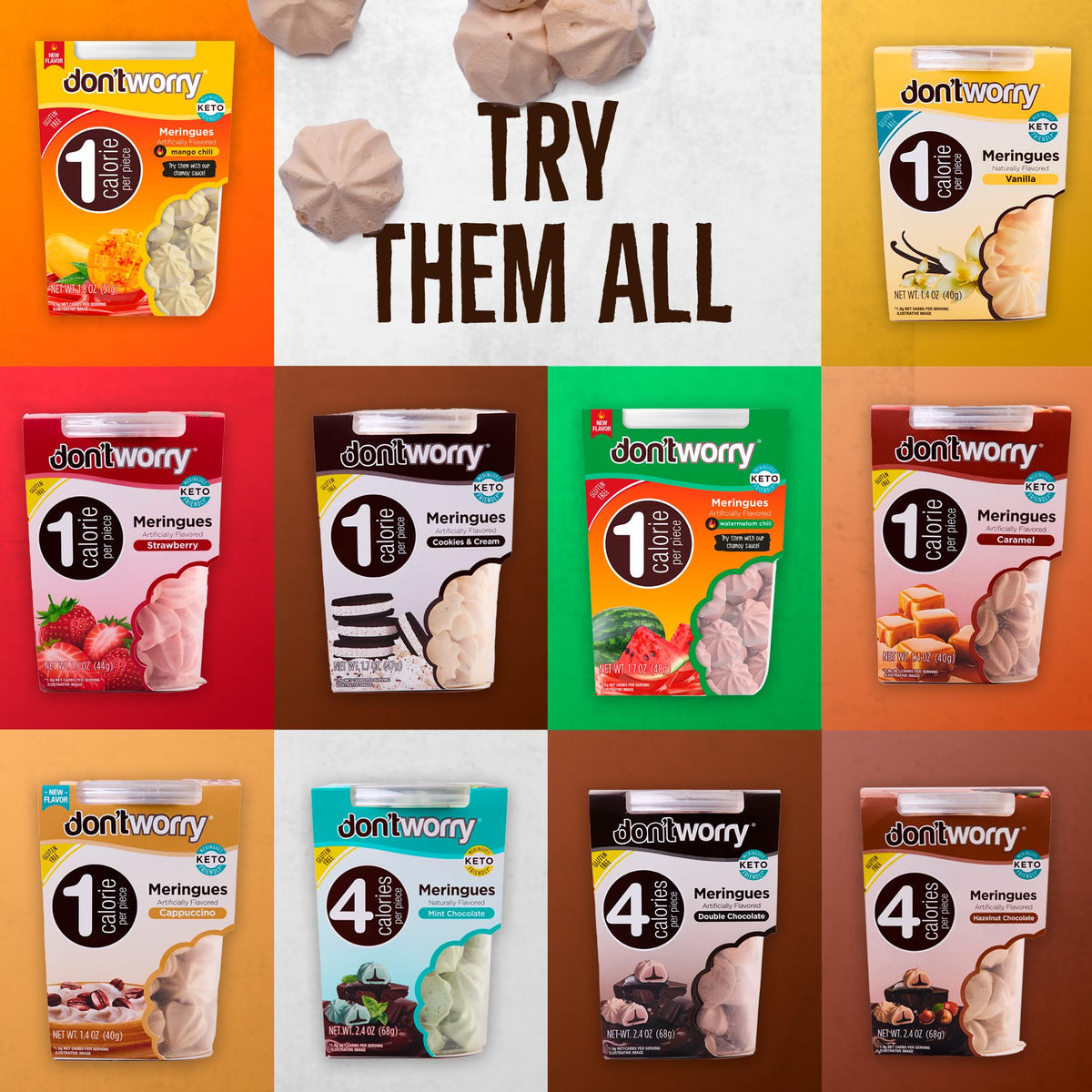 Don't Worry Meringue Cookies – Double Chocolate, 4 Cal per Piece | Keto & Gluten Free (4 Pack)