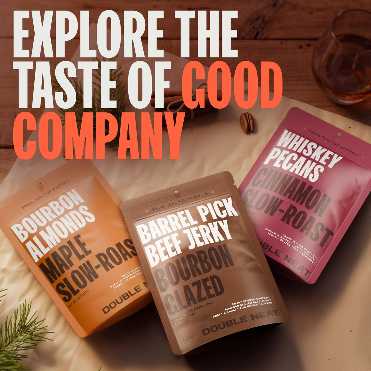 Double Neat Barrel Pick Bourbon Glazed Beef Jerky – Gluten Free Gourmet Gift Set (3 x 2 oz)