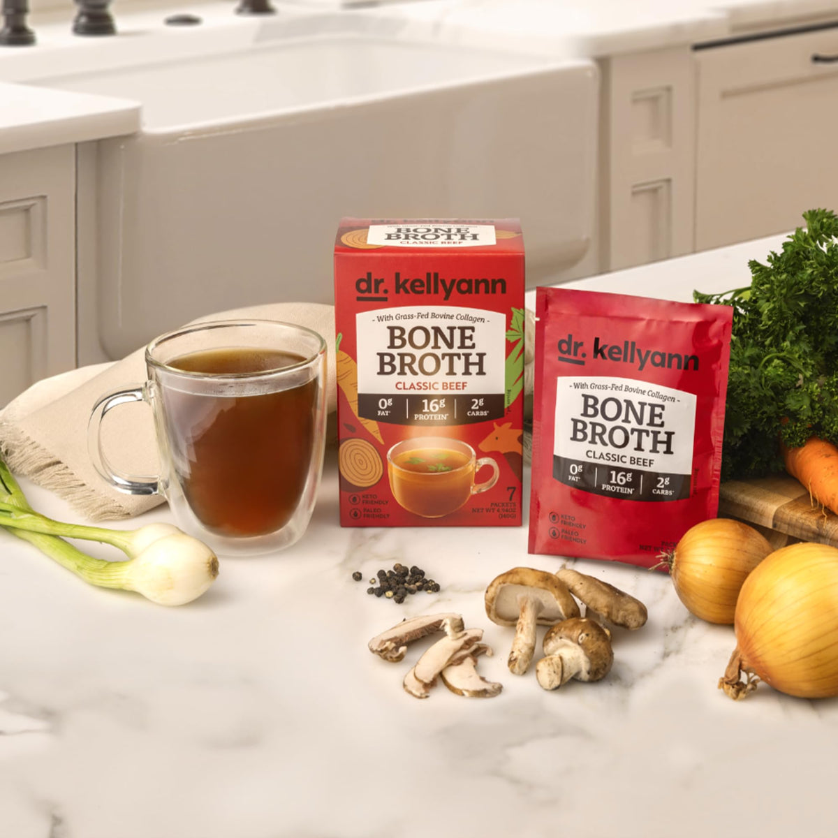 Dr. Kellyann Classic Beef Bone Broth Collagen Packets – 16g Protein, Grass-Fed, Keto & Paleo