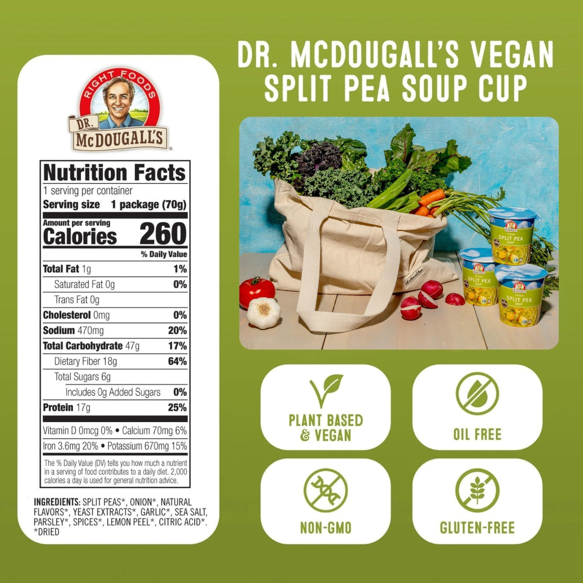 Dr. McDougall's Right Foods Vegan Split Pea Soup Cups – Gluten Free, Low Sodium, Non-GMO, 6 Pack