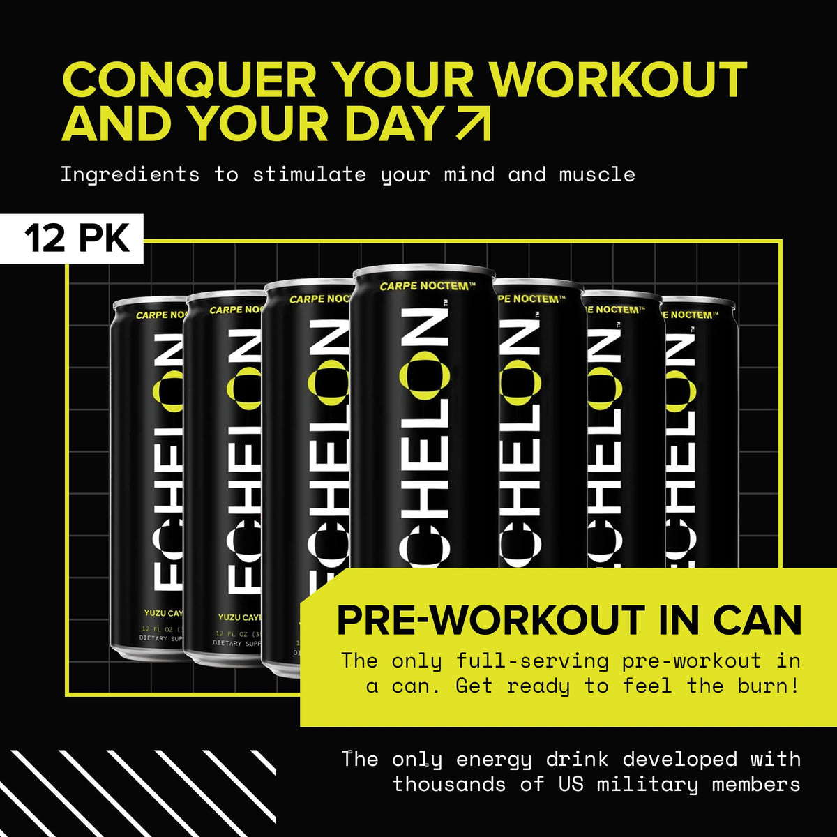 Echelon Pre-Workout Energy Drink – Yuzu Cayenne (12 Pack) | 300mg Caffeine, Focus & Endurance