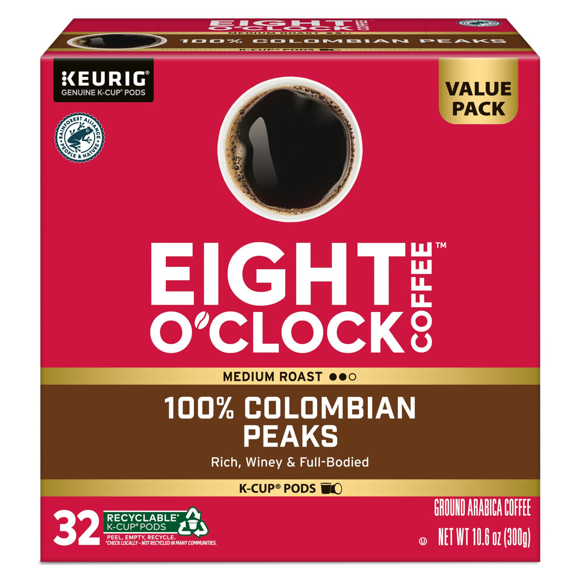 Eight O'Clock Colombian Peaks K-Cup Pods — Medium Roast, 32 Count | 100% Arabica, Kosher