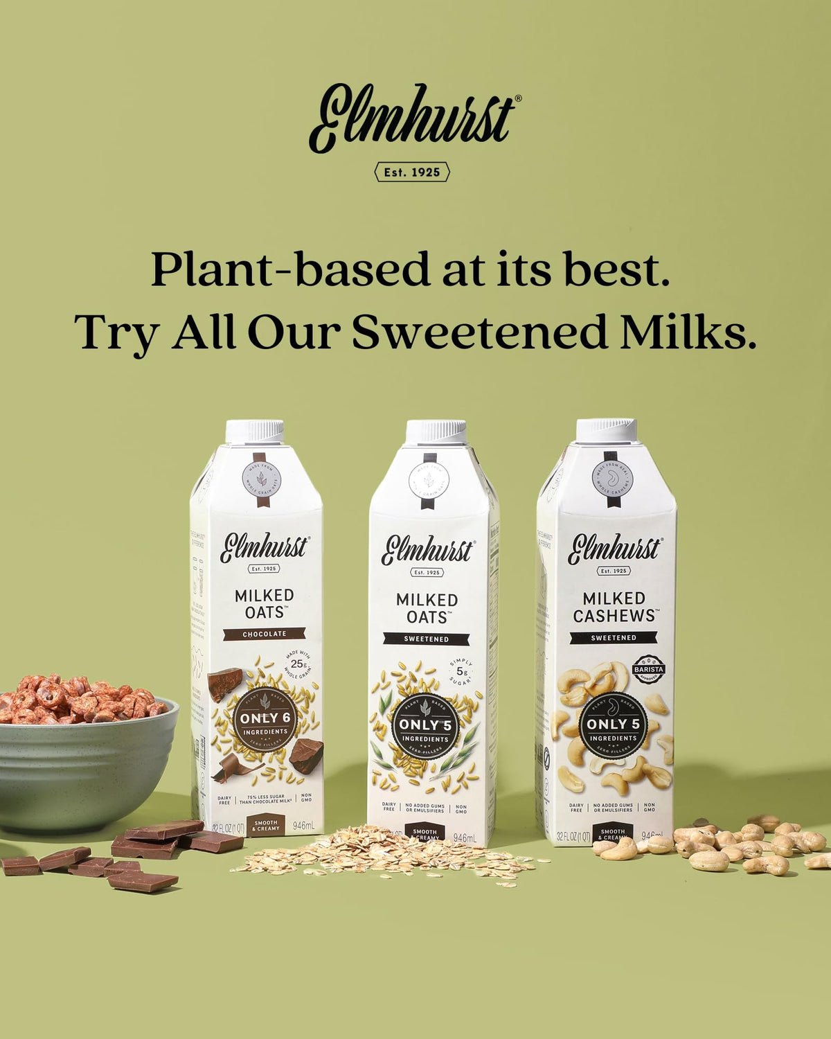 Elmhurst 1925 Chocolate Oat Milk - 32 oz (Pack of 6) Dairy-Free, Vegan, Gluten-Free