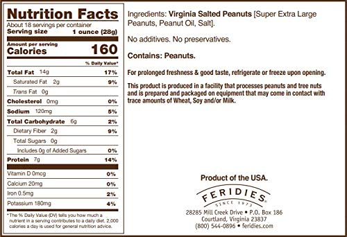 FERIDIES Super Extra Large Salted Virginia Peanuts – 18 oz Can