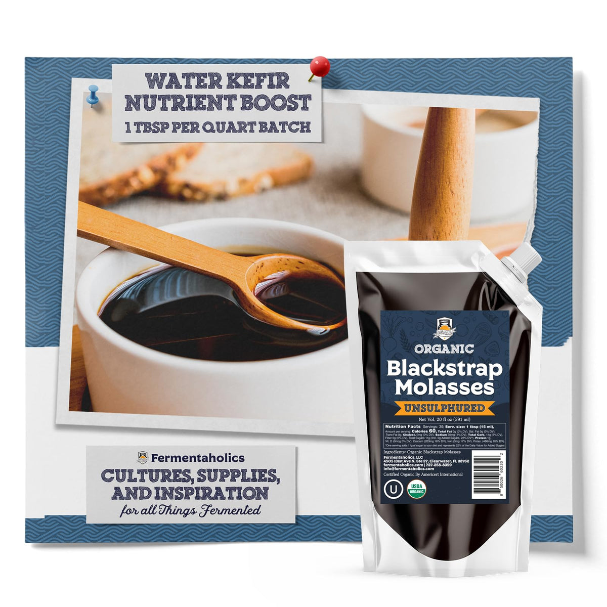 Fermentaholics Organic Unsulphured Blackstrap Molasses | 20 oz Spouted Pouch (2-Pack) | OU Kosher