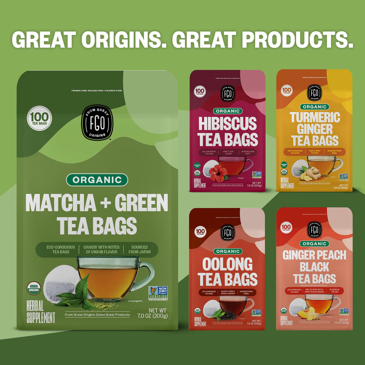 FGO Organic Japanese Matcha + Green Tea | 100 Eco-Conscious Tea Bags | Resealable Kraft Bag (Pack of 1)