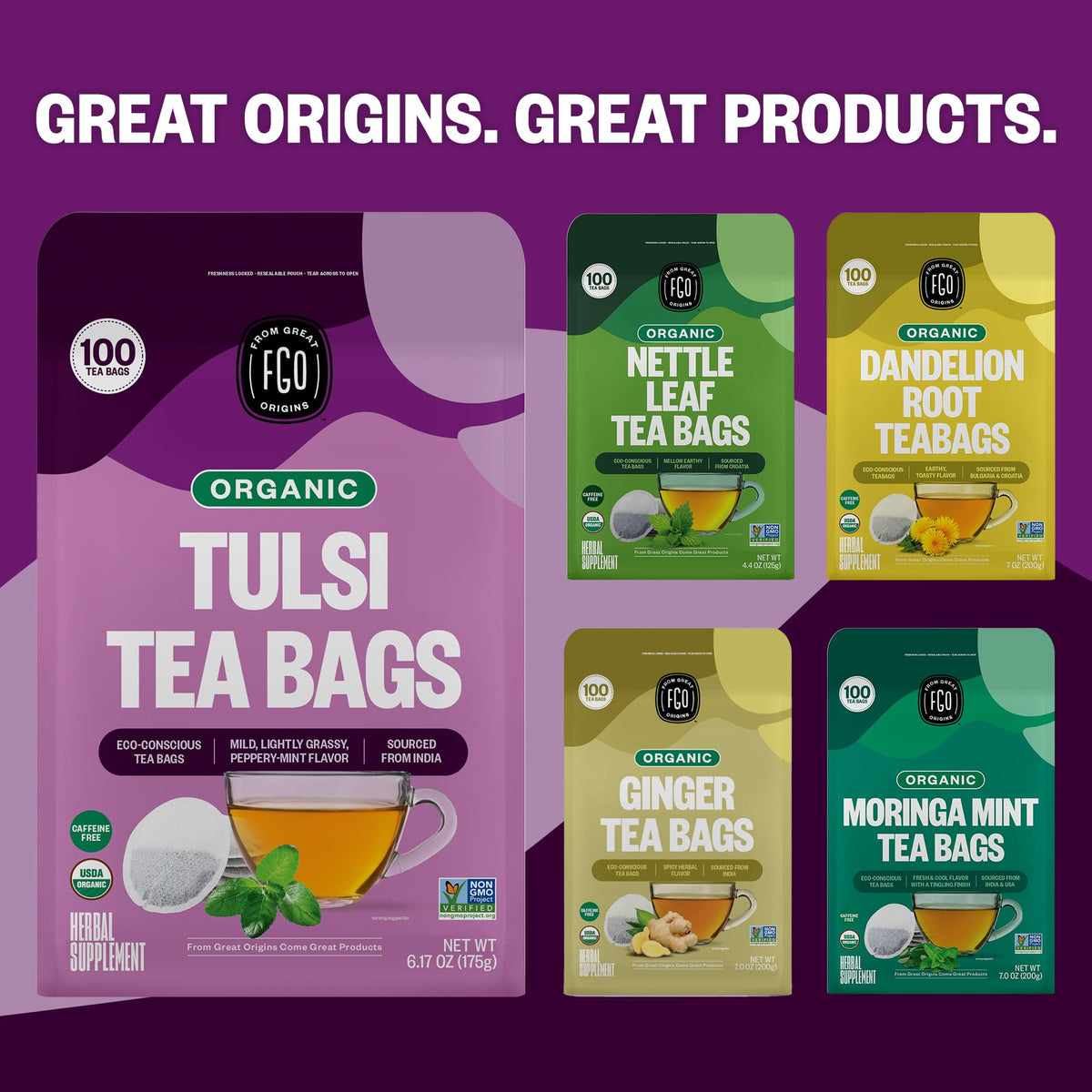 FGO Organic Tulsi Holy Basil Tea | 100 Count, Eco-Conscious Tea Bags, Caffeine Free, Resealable Bag