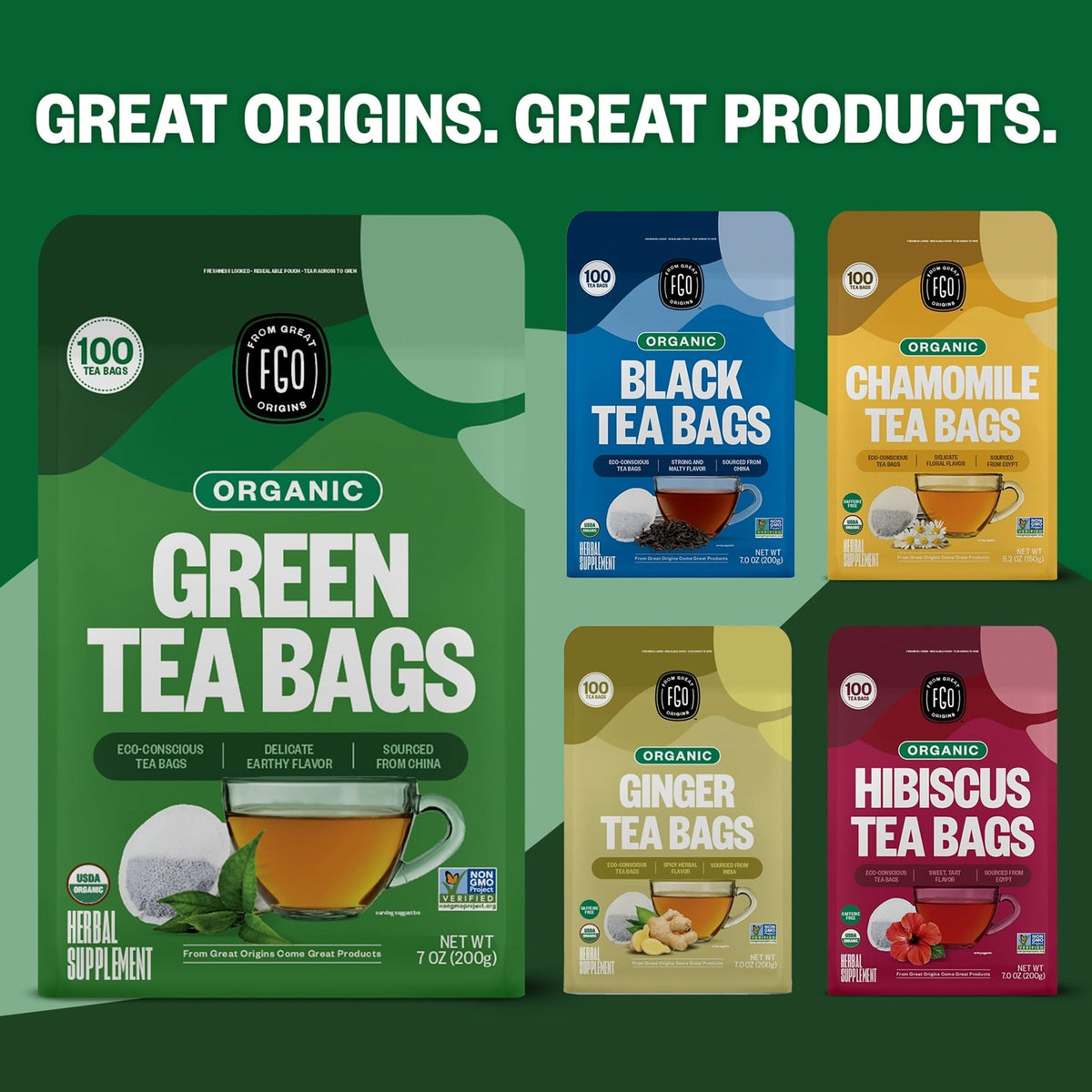FGO Organic Green Tea – 100 Eco-Conscious Bags, Caffeinated, Resealable Pouch (Pack of 1)