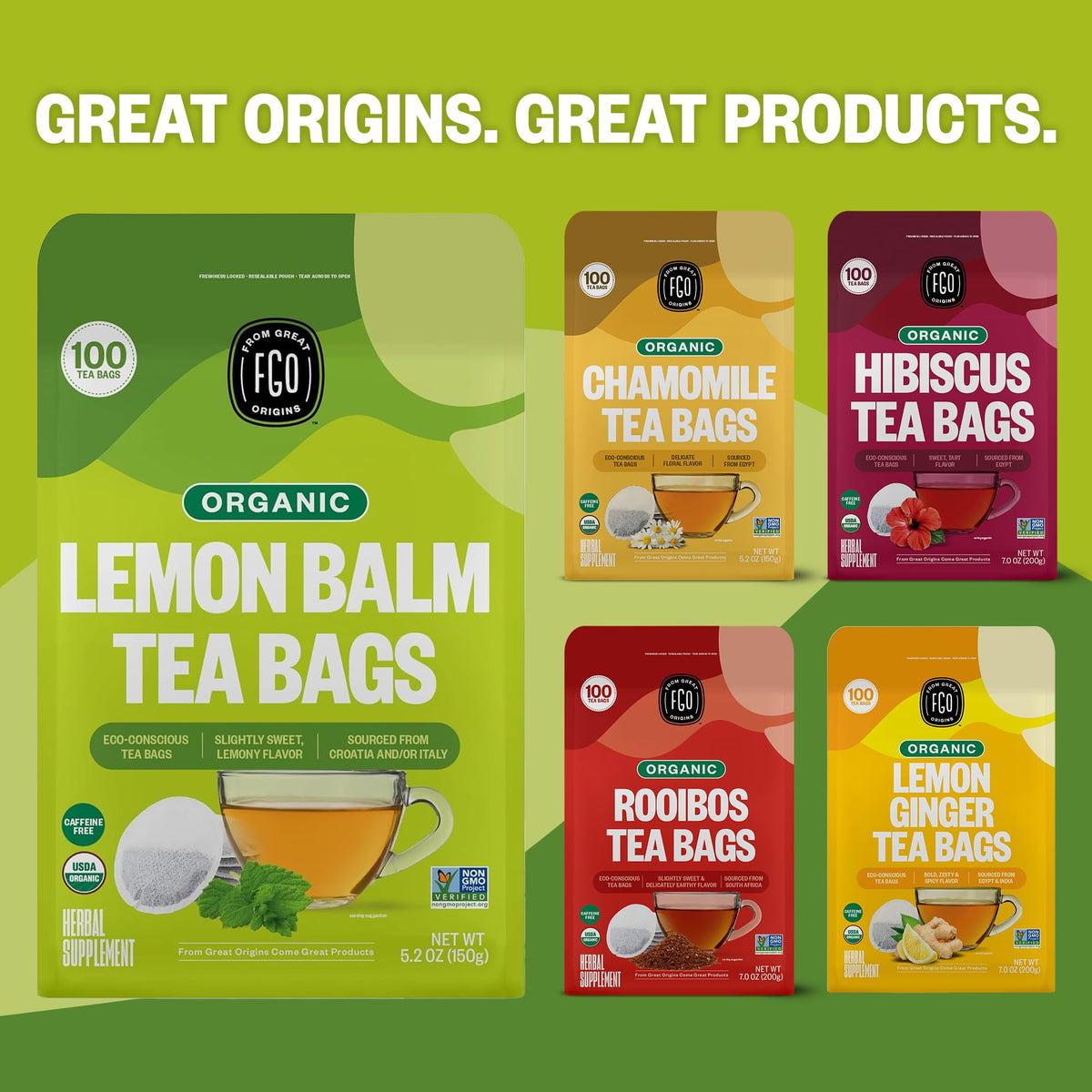 FGO Organic Lemon Balm Tea – Caffeine-Free, 100 Bags, Eco-Conscious & Resealable