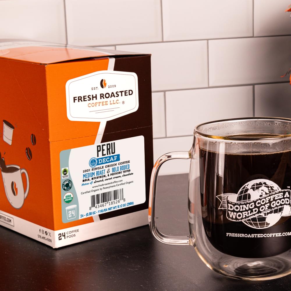 Fresh Roasted Coffee Peru Water-Processed Decaf — Organic Arabica, 24 K-Cup Pods