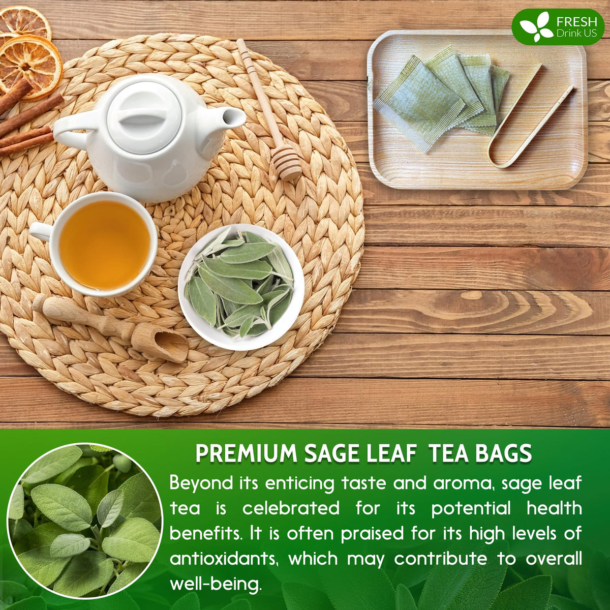 FreshDrinkUS Premium Sage Leaf Tea Bags – 135 Count, 100% Pure Sage Leaves, Caffeine-Free Herbal Tea