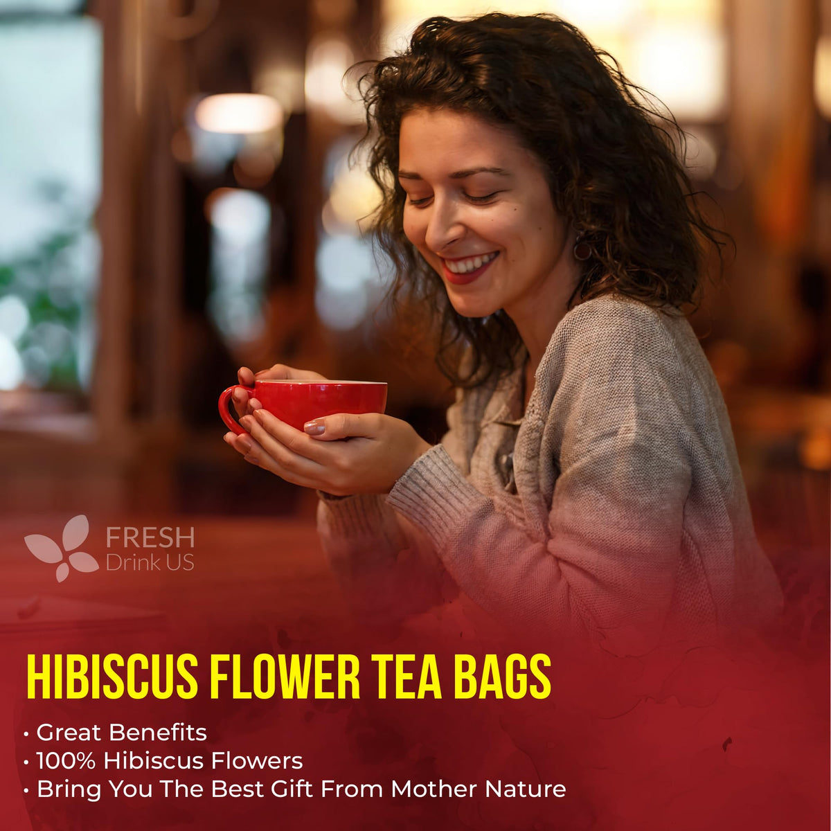 FreshDrinkUS Premium Hibiscus Tea Bags — 100% Natural Hibiscus Flowers, Caffeine-Free, Gluten-Free, Vegan