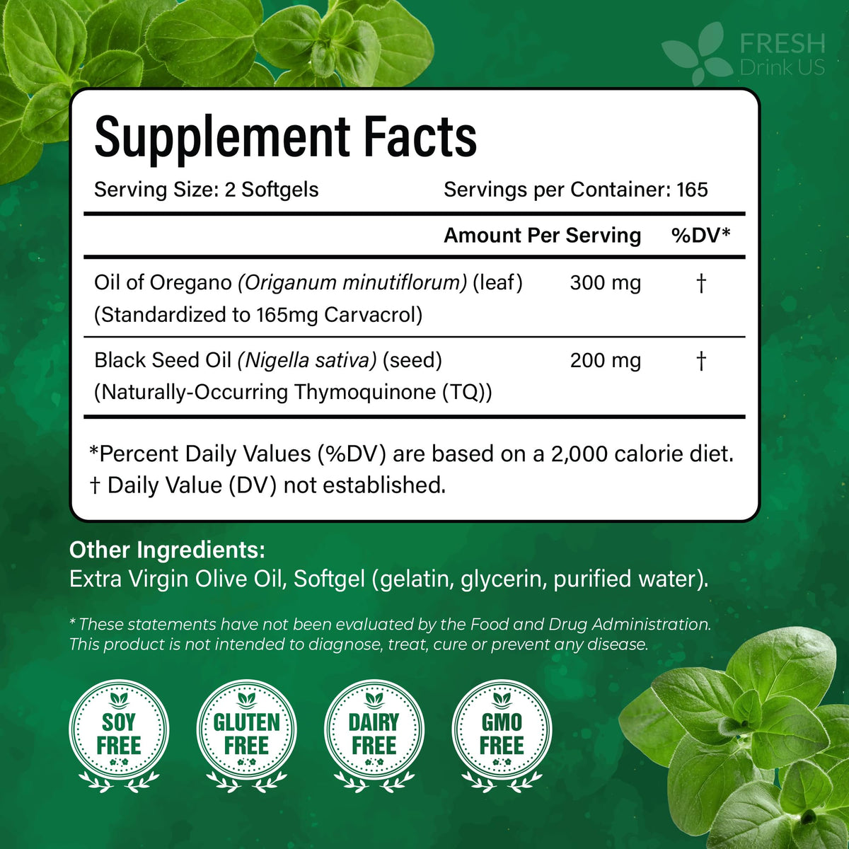FreshDrinkUS Premium Oregano Oil Softgels – 330 Count | 300mg Oregano Oil + 200mg Black Seed