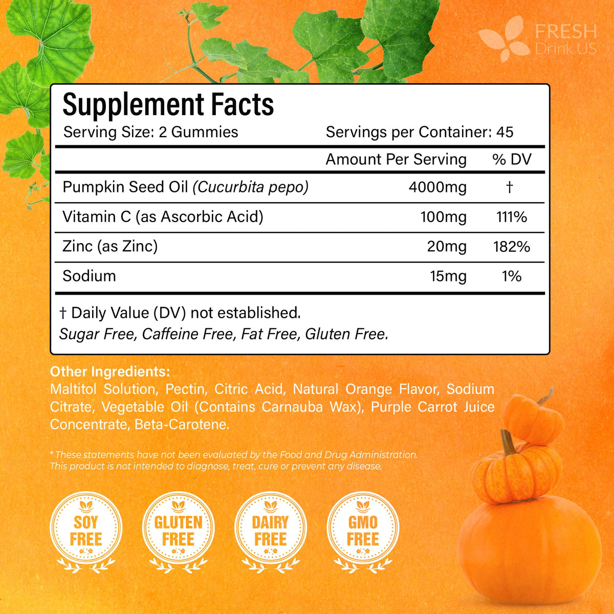 FreshDrinkUS Premium 90 Pumpkin Seed Oil Gummies — 4000mg/Serving, Hair & Skin Support