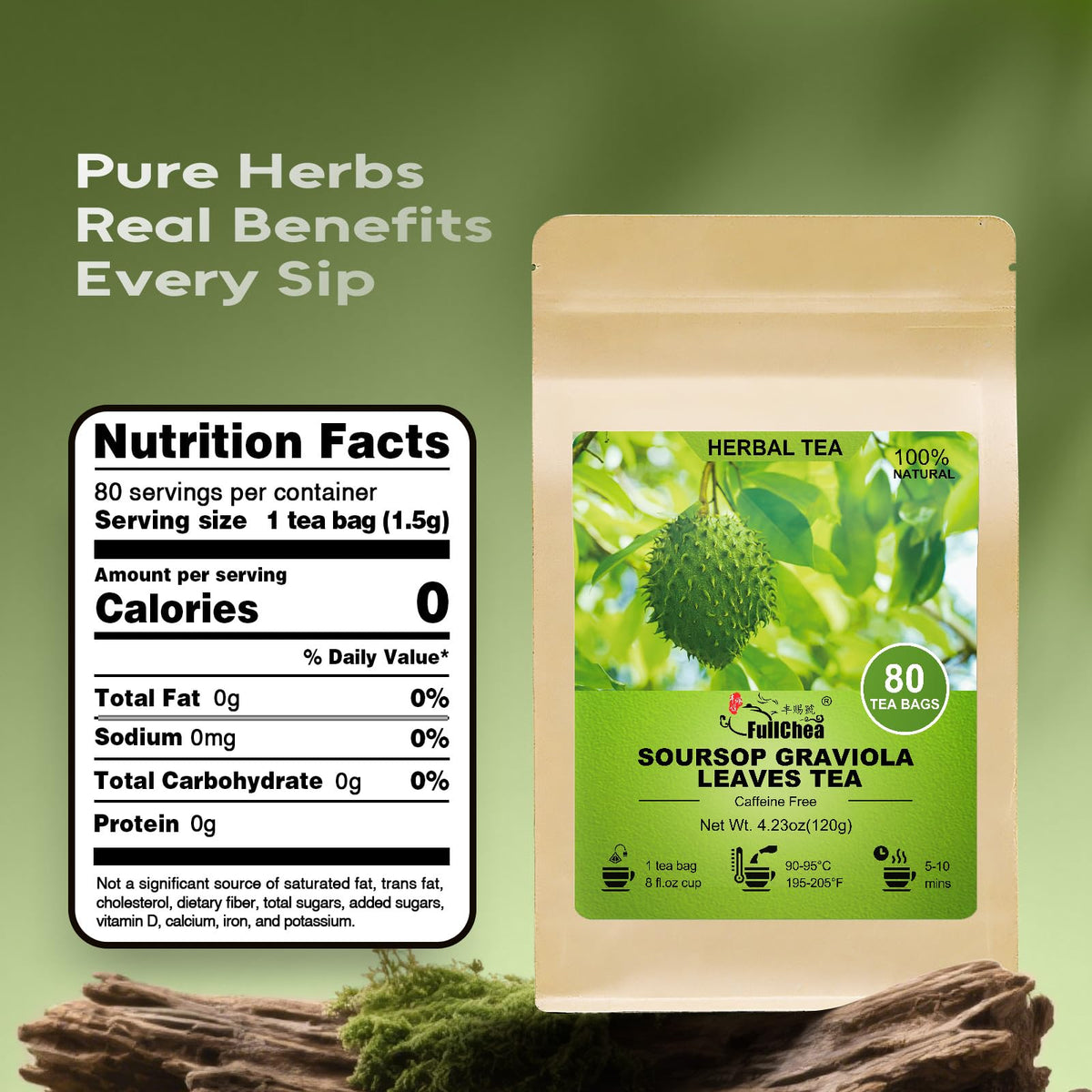 FullChea Soursop Leaves Tea Bags – 80 Count, Non-GMO, Caffeine-Free