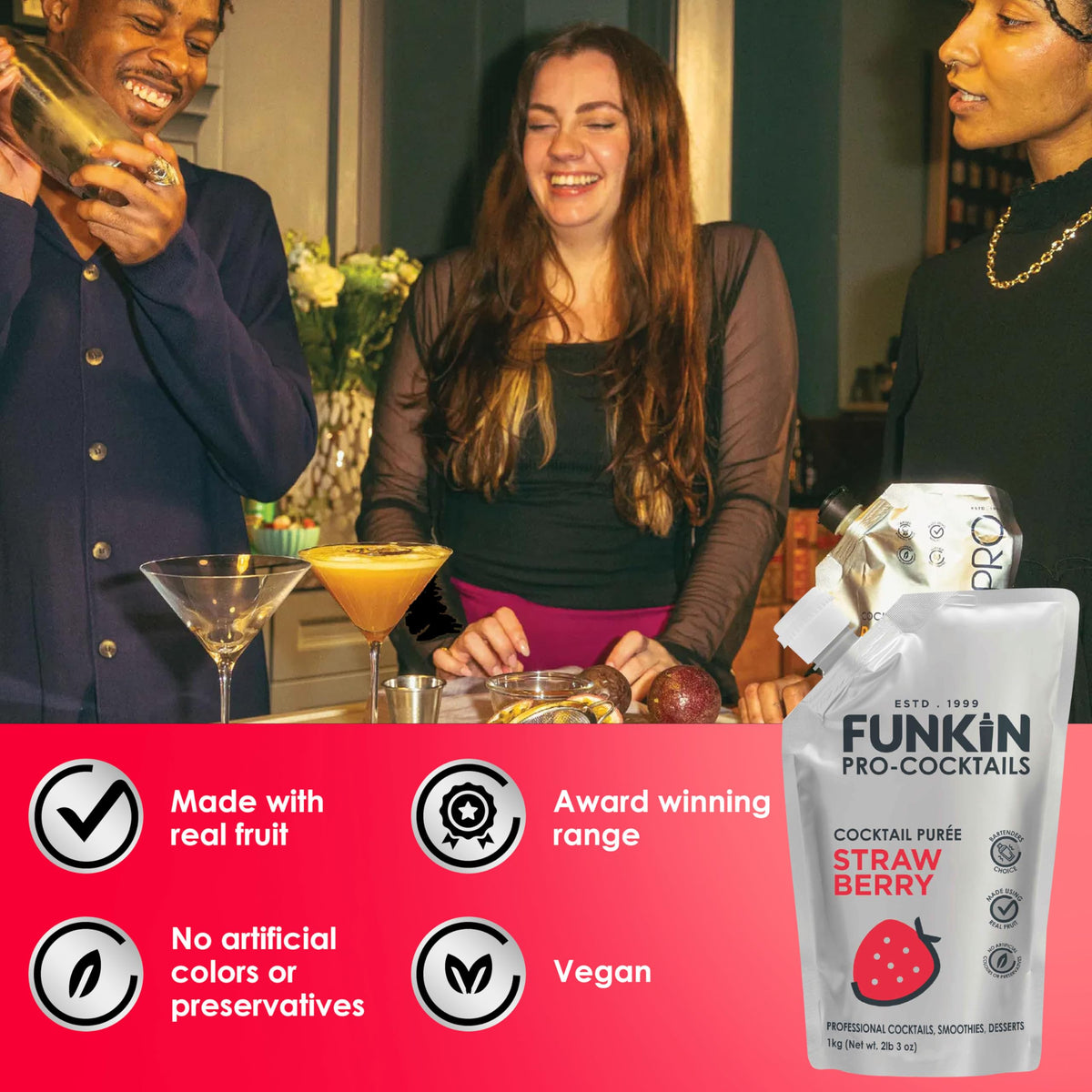 Funkin Strawberry Fruit Puree | Real Fruit, Simple Ingredients for Cocktails & Smoothies | Vegan, Non-GMO, Gluten-Free (2.2 lb)